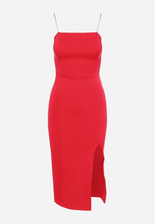 Born2be - Czerwona Koktajlowa Sukienka Bodycon na Cienkich Ramiączkach z Rozcięciem Melantia. Kolor: czerwony. Długość rękawa: na ramiączkach. Typ sukienki: bodycon. Styl: wizytowy