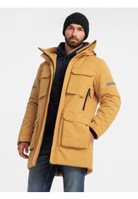 Ombre Clothing - Długa ocieplana męska kurtka z odblaskowymi elementami – żółta V2 - Rozmiar: XXL. Typ kołnierza: kołnierzyk stójkowy, kaptur. Kolor: żółty. Materiał: guma, syntetyk, poliester, materiał. Długość: długie. Wzór: aplikacja, nadruk #3
