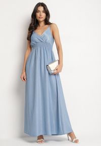 Born2be - Jasnoniebieska Kopertowa Sukienka na Ramiączkach z Wiskozy Zdobiona Cyrkoniami Ararielle. Okazja: na co dzień, na imprezę, na spacer. Typ kołnierza: dekolt w kształcie V. Kolor: niebieski. Materiał: wiskoza. Długość rękawa: na ramiączkach. Wzór: aplikacja. Typ sukienki: kopertowe. Styl: casual, klasyczny #4