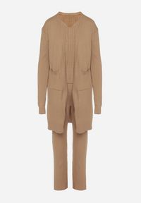 Born2be - Ciemnobeżowy Komplet Dzianinowy z Bawełną Spodnie Kamizelka i Długi Kardigan Meviravia. Kolor: beżowy. Materiał: dzianina, bawełna #6
