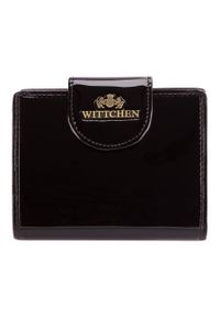 Wittchen - Damski portfel ze skóry lakierowany z ozdobną napą czarny. Kolor: czarny. Materiał: skóra, lakier. Wzór: aplikacja #1