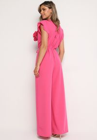 Born2be - Różowy Wiązany Kombinezon z Prostymi Nogawkami i Wiskozą oraz Kwiatową Aplikacją Dimenna. Kolor: różowy. Materiał: wiskoza. Wzór: kwiaty, aplikacja. Styl: elegancki #3