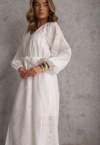 Renee - Biała Boho Sukienka z Bawełny z Haftem Wiązaniem i Ażurowymi Detalami Adrirena. Okazja: na co dzień. Kolor: biały. Materiał: bawełna. Długość rękawa: długi rękaw. Wzór: ażurowy, haft. Typ sukienki: proste. Styl: boho #4
