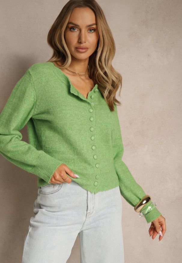 Renee - Jasnozielony Rozpinany Kardigan z Wełną Kornelira. Okazja: na co dzień. Kolor: zielony. Materiał: wełna. Styl: elegancki, casual