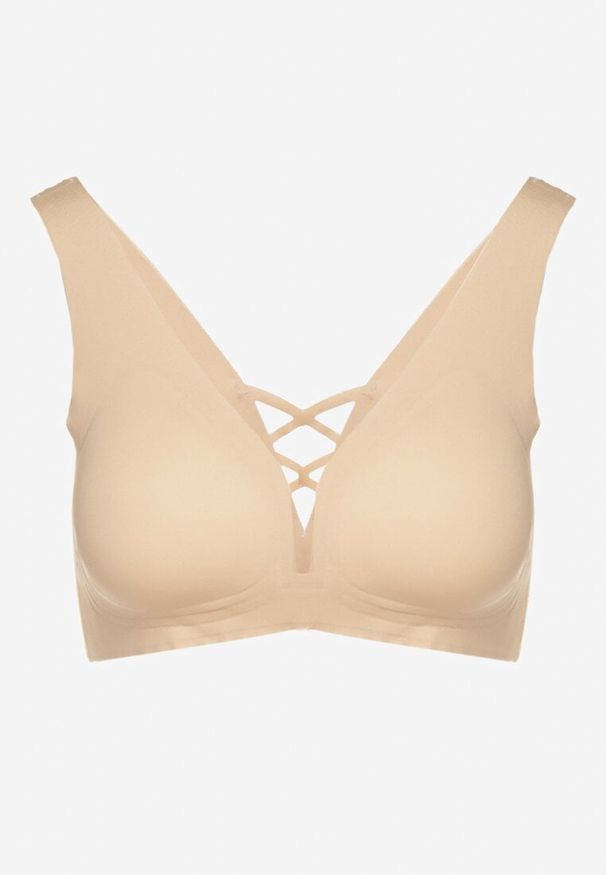 Born2be - Beżowy Biustonosz Sportowy z Siateczką i Gorsetowym Zdobieniem Saliatessa. Kolor: beżowy. Rodzaj stanika: wyciągane miseczki. Wzór: aplikacja