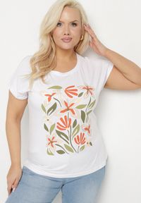 Born2be - Biały Bawełniany T-shirt z Nadrukiem z Kwiatami Setalisa. Okazja: na co dzień. Kolekcja: plus size. Kolor: biały. Materiał: bawełna. Wzór: kwiaty, nadruk. Styl: klasyczny, casual, elegancki