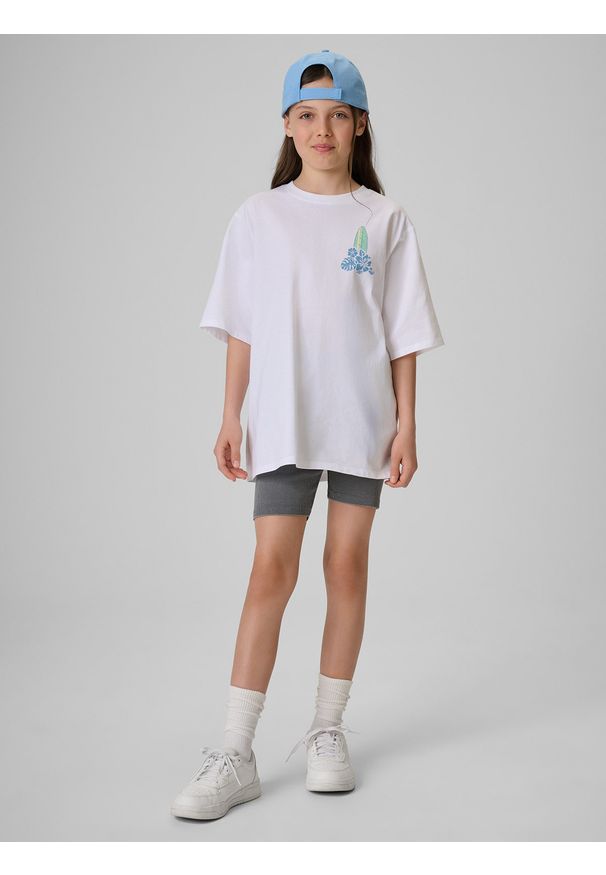 4f - 4F T-shirt loose z nadrukiem dziewczęcy - biały 158/164 (12-14 lat). Okazja: na co dzień. Kolor: biały. Materiał: materiał, bawełna, dresówka, dzianina, skóra. Wzór: nadruk. Sezon: lato. Styl: klasyczny, casual