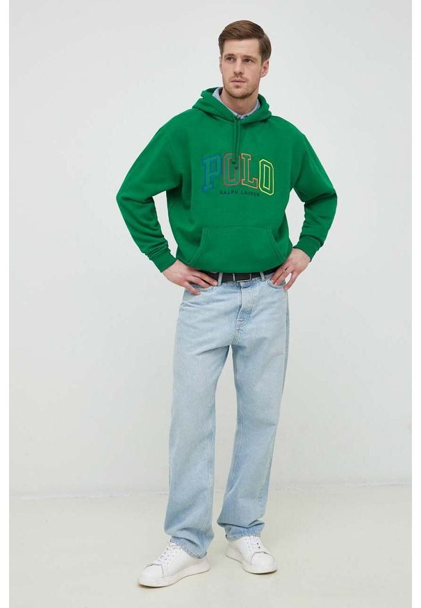 Polo Ralph Lauren bluza męska kolor zielony z kapturem z aplikacją. Typ kołnierza: kaptur, polo. Kolor: zielony. Wzór: aplikacja
