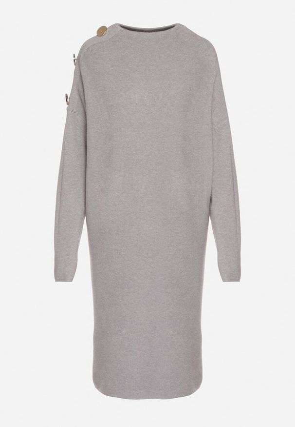 Born2be - Szara Sweterkowa Sukienka Pudełkowa Ozdobiona z Boku Guzikami Tustina. Okazja: na co dzień. Kolor: szary. Materiał: jeans. Wzór: aplikacja. Typ sukienki: proste. Styl: casual, elegancki