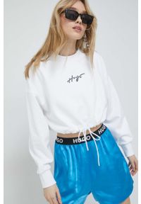 Hugo - HUGO bluza bawełniana damska kolor biały z nadrukiem. Kolor: biały. Materiał: bawełna. Wzór: nadruk #5