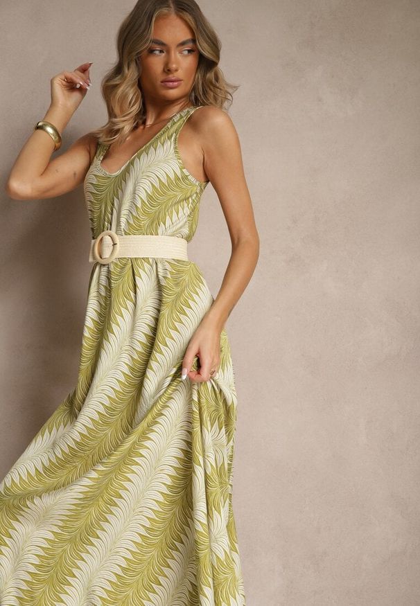 Renee - Zielona Rozkloszowana Sukienka z Geometrycznym Wzorem Lumire. Kolor: zielony. Materiał: skóra. Wzór: geometria. Styl: elegancki