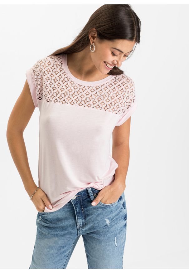bonprix - Shirt z koronką. Kolor: różowy. Materiał: koronka. Wzór: koronka