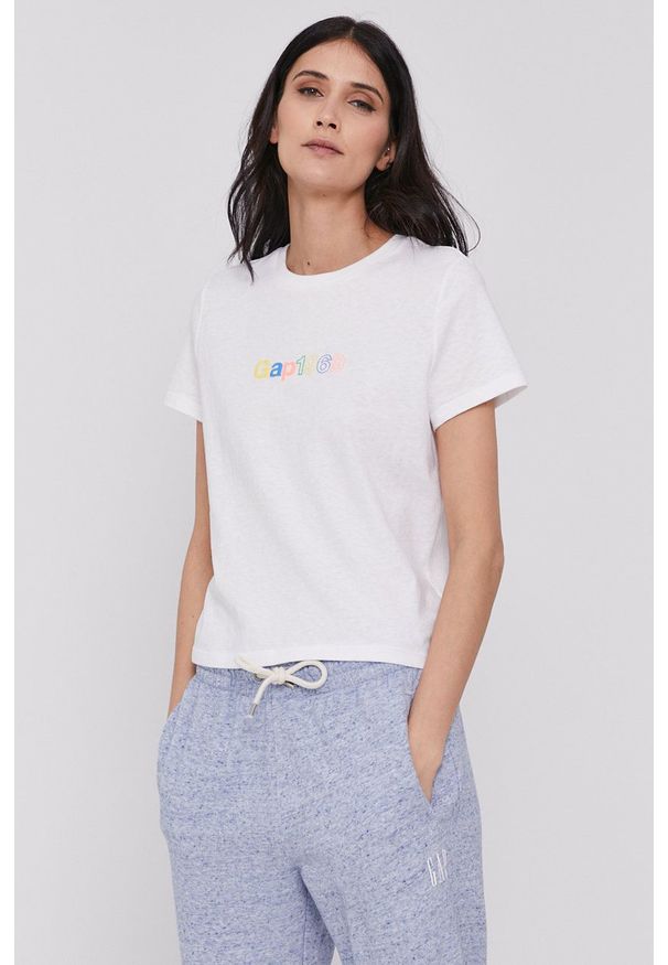 GAP - T-shirt. Okazja: na co dzień. Kolor: biały. Materiał: dzianina. Wzór: nadruk. Styl: casual