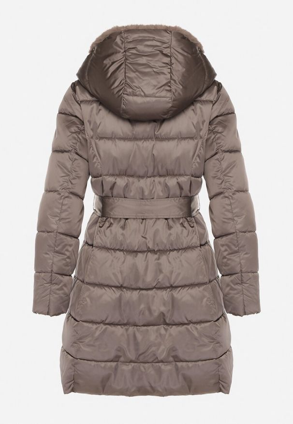 Born2be - Szara Długa Kurtka Ozdobiona Pikowaniem z Nieodpinanym Kapturem i Paskiem Lidaveia. Okazja: na co dzień. Kolor: szary. Materiał: jeans. Długość: długie. Wzór: aplikacja. Styl: casual, elegancki, klasyczny