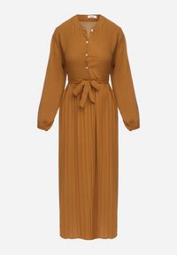 Born2be - Brązowa Rozkloszowana Sukienka Maxi z Plisowanym Dołem i Wiązanym Paskiem Nollira. Kolor: brązowy. Materiał: materiał. Długość rękawa: długi rękaw. Typ sukienki: plisowane. Styl: elegancki. Długość: maxi #6