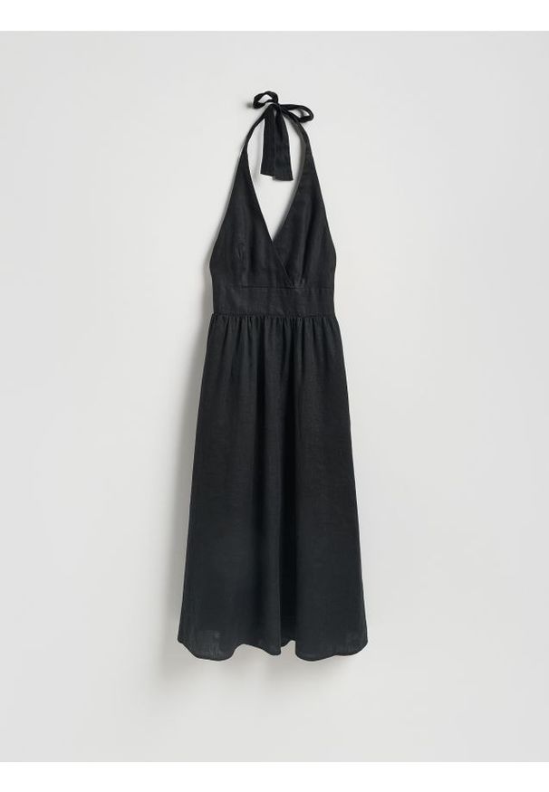 Reserved - Lniana sukienka midi - czarny. Kolor: czarny. Materiał: len. Długość: midi