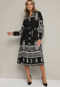 Born2be - Czarna Sukienka Koszulowa w Etno Wzór z Paskiem Avierira. Okazja: na co dzień. Kolor: czarny. Materiał: wiskoza, materiał. Typ sukienki: koszulowe. Styl: etno #6