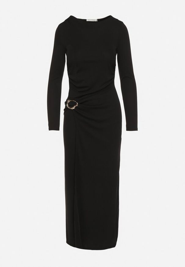 Born2be - Czarna Sukienka Koktajlowa z Aplikacją z Marszczeniem na Biodrach Rariana. Okazja: na randkę, na imprezę. Kolor: czarny. Długość rękawa: długi rękaw. Wzór: aplikacja. Styl: wizytowy