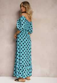 Renee - Niebieska Bawełniana Sukienka z Marszczonym Dekoltem i Materiałowym Paskiem Tesaya. Kolekcja: plus size. Kolor: niebieski. Materiał: materiał, bawełna. Typ sukienki: dla puszystych, dopasowane