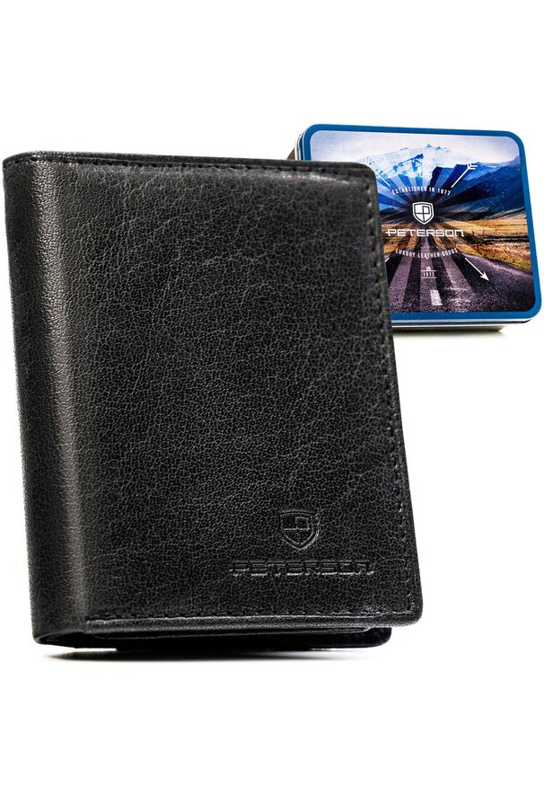 Pionowy portfel męski ze skóry naturalnej w czarnym kolorze, model bez zapięcia zewnętrznego - Peterson. Kolor: czarny. Materiał: skóra