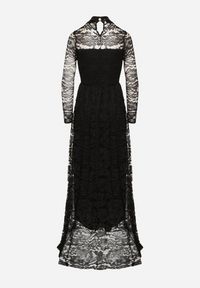 Born2be - Czarna Rozkloszowana Sukienka z Koronki ze Stójką i Gumką w Talii Delaviae. Okazja: na imprezę. Typ kołnierza: kołnierzyk stójkowy. Kolor: czarny. Materiał: koronka. Wzór: koronka. Styl: elegancki #3