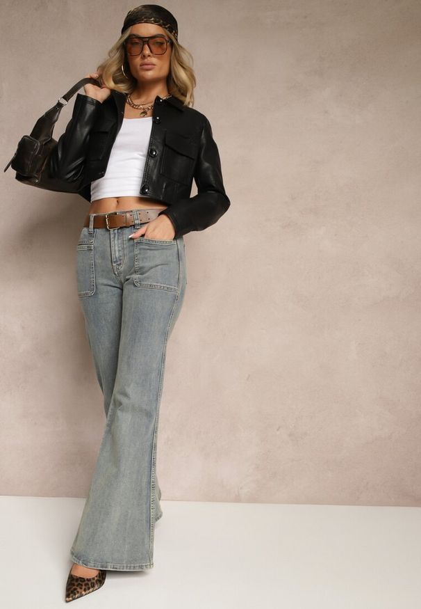 Renee - Czarna Koszulowa Kurtka z Ekoskóry o Krótkim Kroju z Kieszeniami Sesadoris. Kolor: czarny. Materiał: jeans. Długość rękawa: długi rękaw. Długość: krótkie. Styl: elegancki