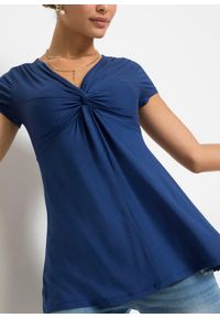 bonprix - T-shirt z mieszanki wiskozy. Typ kołnierza: dekolt w serek. Kolor: niebieski. Materiał: wiskoza. Wzór: gładki, nadruk, aplikacja #3