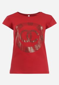 Born2be - Czerwony Bawełniany T-shirt z Metalicznym Nadrukiem Lapur. Okazja: na co dzień. Kolor: czerwony. Materiał: bawełna. Wzór: nadruk. Styl: casual #5