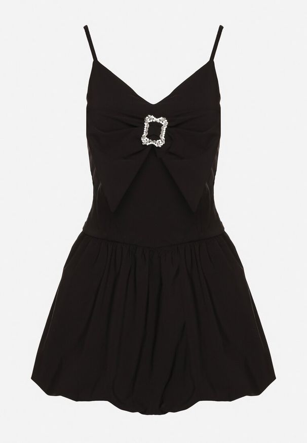 Born2be - Czarna Sukienka Bombka na Cienkich Ramiączkach z Kokardą i Cyrkoniami Paliandria. Okazja: na imprezę. Typ kołnierza: kokarda. Kolor: czarny. Długość rękawa: na ramiączkach. Wzór: aplikacja. Sezon: lato. Typ sukienki: bombki. Styl: elegancki