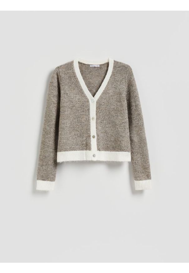 Reserved - Kardigan z kontrastowymi wstawkami - brązowy. Kolor: brązowy. Materiał: dzianina, wełna. Wzór: gładki