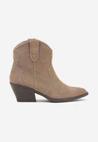 Renee - Ciemnobeżowe Botki Kowbojki na Stożku ze Skóry Naturalnej Liravetta. Okazja: na co dzień. Kolor: beżowy. Materiał: skóra. Obcas: na stożku. Styl: casual, elegancki. Wysokość obcasa: średni #5