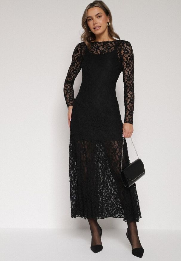 Born2be - Czarna Koronkowa Sukienka Taliowana z Odkrytymi Plecami Talifera. Kolor: czarny. Materiał: koronka. Długość rękawa: na ramiączkach. Wzór: koronka. Styl: elegancki, klasyczny