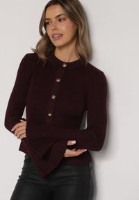Born2be - Bordowy Kardigan z Wiskozą Ozdobiony Rozszerzanymi Rękawami i Guzikami Tiolenda. Okazja: na co dzień. Kolor: czerwony. Materiał: wiskoza. Wzór: aplikacja. Styl: casual, elegancki #5
