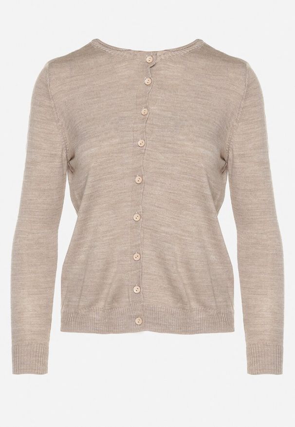 Born2be - Beżowy Kardigan Zapinany na Guziki ze Ściągaczem Omeana. Okazja: na co dzień, do pracy. Kolor: beżowy. Materiał: jeans. Styl: klasyczny, elegancki, casual