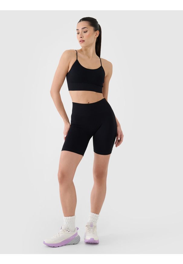 4f - 4F Legginsy kolarki bezszwowe treningowe damskie - czarne M/L. Stan: podwyższony. Kolor: czarny. Materiał: dzianina, materiał, syntetyk, włókno, elastan. Długość: krótkie. Wzór: jednolity. Sport: fitness