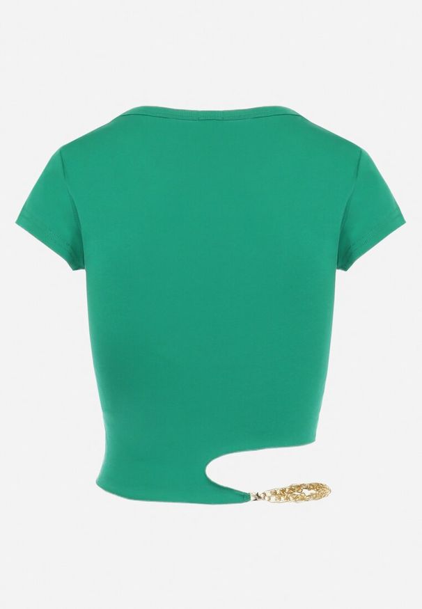 Born2be - Zielony Bawełniany T-shirt z Asymetrycznym Wycięciem i Ozdobnym Łańcuszkiem Glitia. Okazja: na co dzień. Kolor: zielony. Materiał: bawełna. Styl: casual