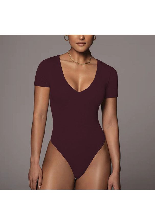 Intica - Body z krótkim rękawem i dekoltem V elastyczne Ieteke. Kolor: czerwony. Materiał: materiał. Długość: krótkie. Wzór: gładki