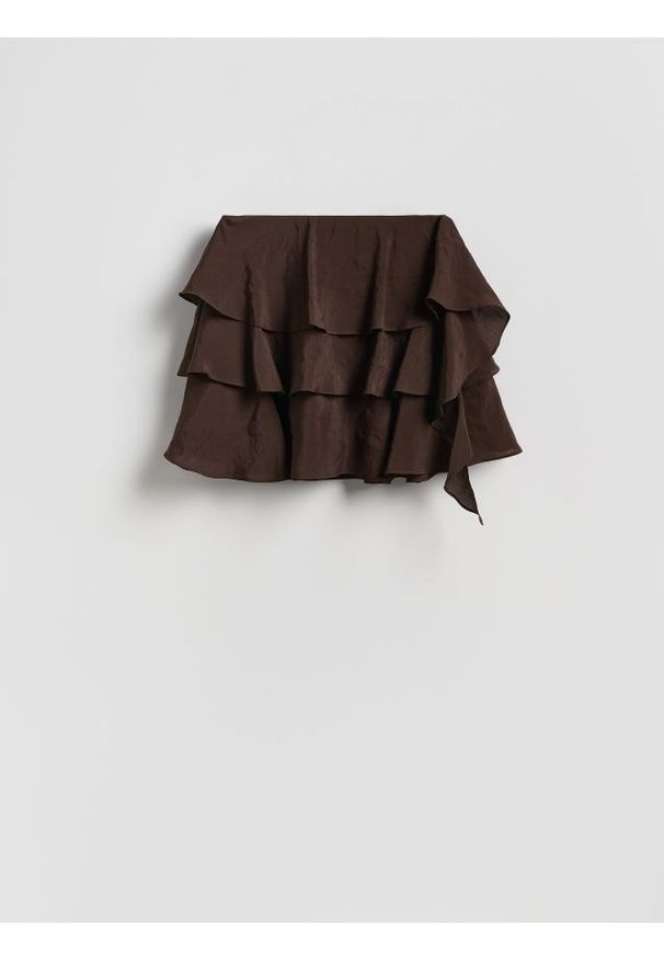 Reserved - Spódnica mini z falbanami - ciemnobrązowy. Kolor: brązowy. Materiał: tkanina