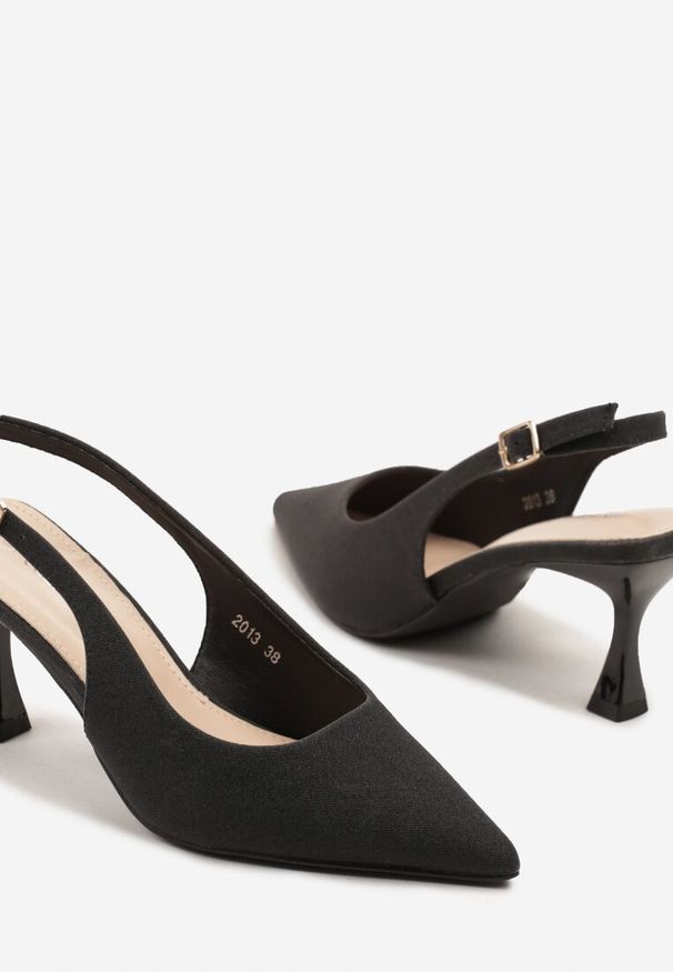 Renee - Czarne Sandały Slingback na Klepsydrze Zdobione Brokatem Reolina. Okazja: na co dzień. Kolor: czarny. Materiał: jeans. Wzór: aplikacja. Obcas: na obcasie. Styl: klasyczny, elegancki, casual. Wysokość obcasa: średni