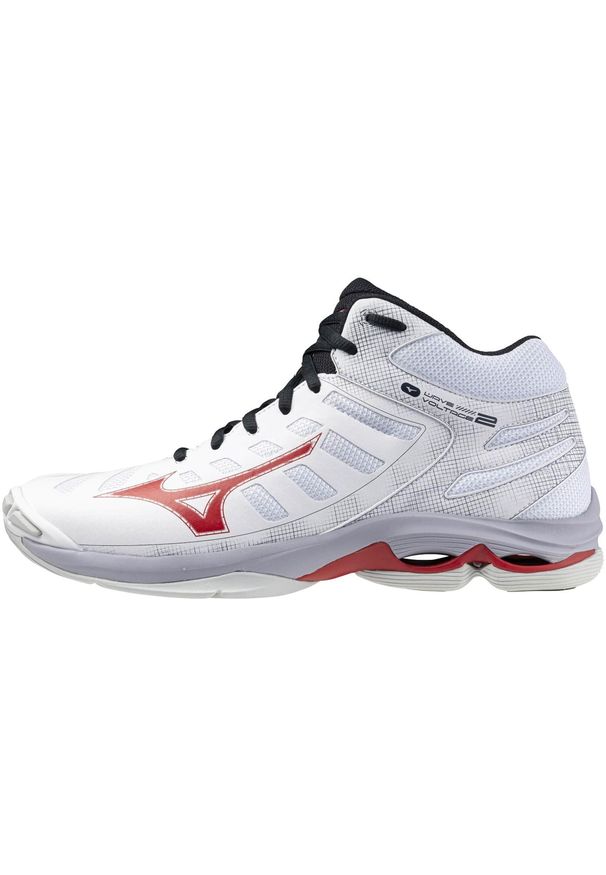 Buty halowe Mizuno Wave Voltage Mid. Kolor: wielokolorowy, biały, czarny. Materiał: skóra, syntetyk. Model: Mizuno Wave. Sport: siatkówka