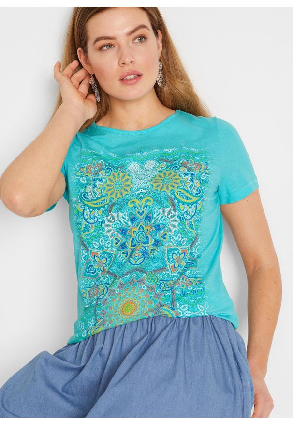 bonprix - T-shirt z nadrukiem. Kolor: niebieski. Wzór: nadruk