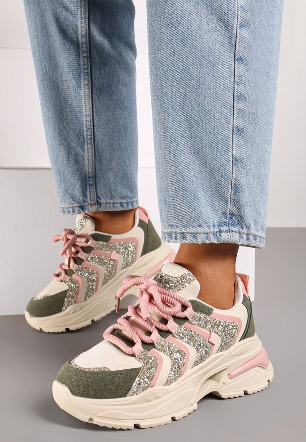 Renee - Beżowo-Zielone Sznurowane Sneakersy na Platformie Ozdobione Brokatem Ewla. Nosek buta: okrągły. Zapięcie: sznurówki. Kolor: beżowy. Materiał: materiał. Wzór: aplikacja. Obcas: na platformie. Wysokość obcasa: średni