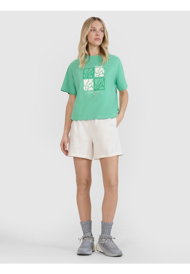 4f - 4F T-shirt oversize z nadrukiem damski - zielony XS. Okazja: na co dzień. Kolor: zielony. Materiał: bawełna, jersey, dzianina, materiał. Długość rękawa: krótki rękaw. Długość: krótkie. Wzór: nadruk. Styl: sportowy, casual, klasyczny