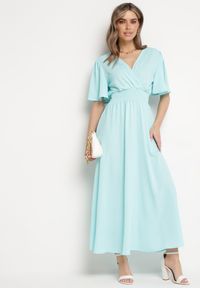 Born2be - Jasnoniebieska Sukienka z Rozkloszowanymi Rękawami Gumką w Pasie i Wiązaniem na Plecach Larielle. Okazja: na imprezę, na co dzień. Typ kołnierza: dekolt w kształcie V. Kolor: niebieski. Materiał: bawełna. Typ sukienki: proste. Styl: elegancki, casual #7