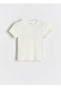 Reserved - Bawełniany t-shirt w prążki - złamana biel. Materiał: bawełna. Wzór: prążki
