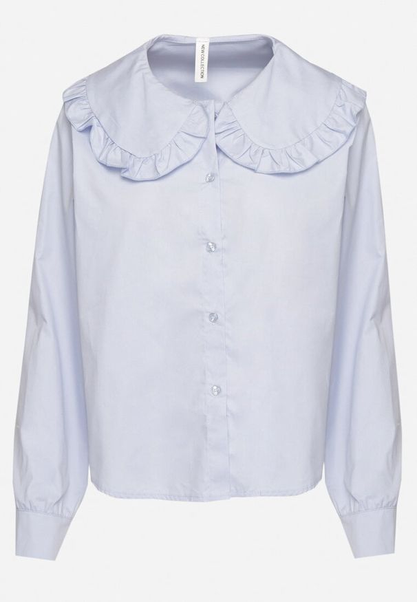 Born2be - Niebieska Koszula z Bawełny Ozdobiona Kołnierzykiem Fulinea. Okazja: na co dzień, na spacer, na spotkanie biznesowe. Kolor: niebieski. Materiał: bawełna. Długość rękawa: długi rękaw. Długość: długie. Wzór: aplikacja. Styl: biznesowy, casual