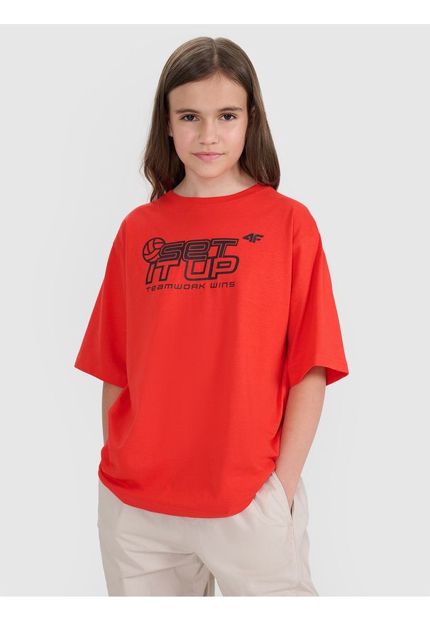 4f - 4F T-shirt oversize z nadrukiem dziecięcy - czerwony 158/164 (12-14 lat). Okazja: na co dzień. Kolor: czerwony. Materiał: jersey, tkanina, materiał, bawełna. Wzór: nadruk. Sezon: lato. Styl: młodzieżowy, klasyczny, sportowy, casual
