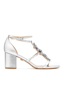 Kazar - Srebrne sandały damskie. Okazja: na ślub cywilny, na wesele. Zapięcie: pasek. Kolor: srebrny. Materiał: skóra. Wzór: paski, aplikacja. Obcas: na obcasie. Styl: elegancki. Wysokość obcasa: średni #1
