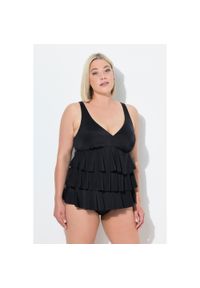 ULLA POPKEN - Damskie Tankini falbany miękkie miseczki materiał pochodzący z recyklingu. Kolekcja: plus size. Kolor: czarny. Materiał: elastan, poliamid, materiał