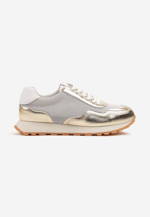 Born2be - Złote Skórzane Sneakersy z Geometrycznym Wzorem Rivoiti. Okazja: na co dzień. Kolor: złoty. Materiał: skóra. Szerokość cholewki: normalna. Wzór: geometria. Obcas: na obcasie. Wysokość obcasa: niski